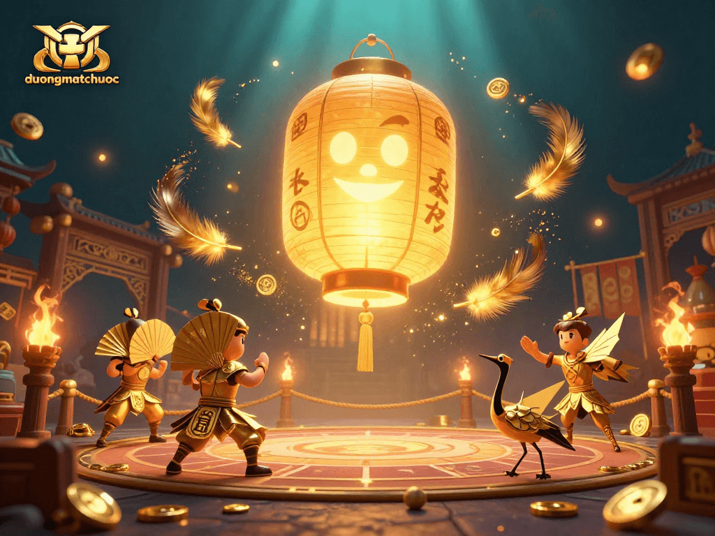 Experience duongmatchuoc's vibrancy with golden lanterns and warriors in this dynamic casino scene.