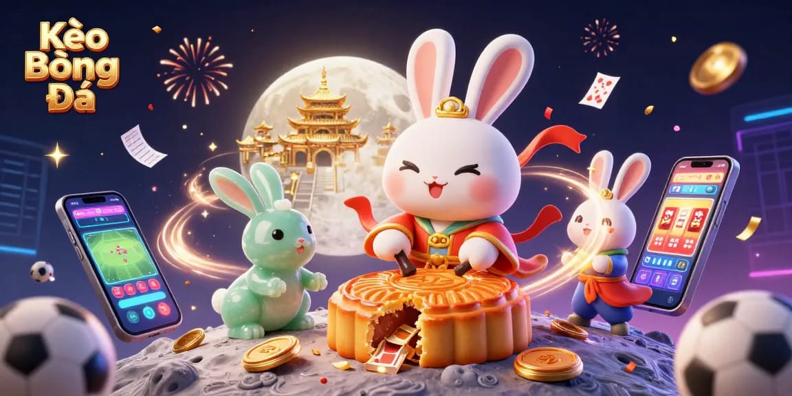 Kèo Bóng Đá shines as the moon rabbit celebrates sports betting with vibrant confetti and gold coins.