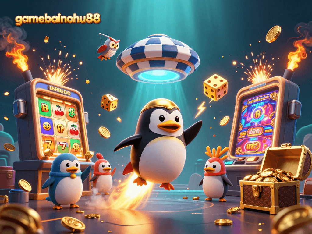 Engage in thrilling gameplay with gamebainohu88 as the golden penguin blasts through a vibrant casino universe.