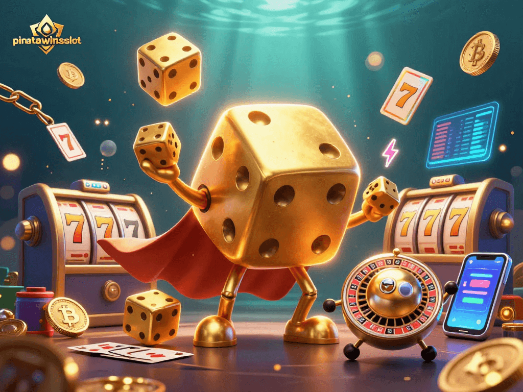 Spin to win with pinatawinsslot featuring golden dice and vibrant slot game elements.