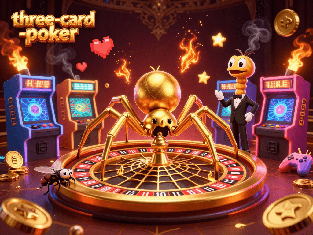 Experience three-card-poker excitement with a golden spider and vibrant gaming elements
