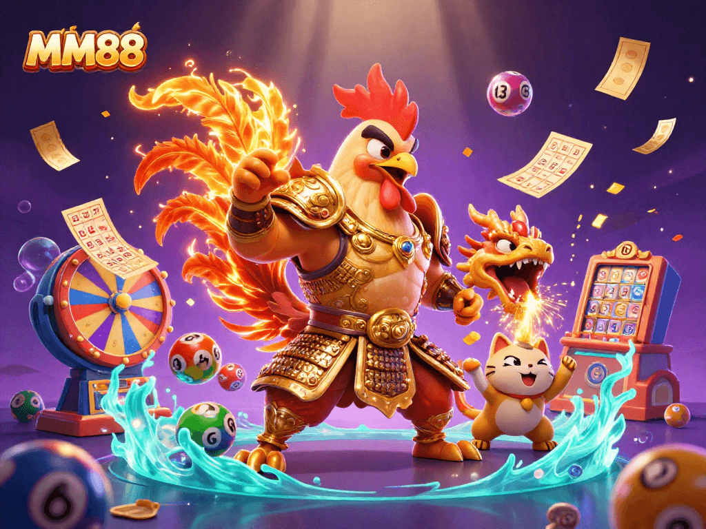 MM88 showcases vibrant characters amidst colorful gambling elements and lottery activities.