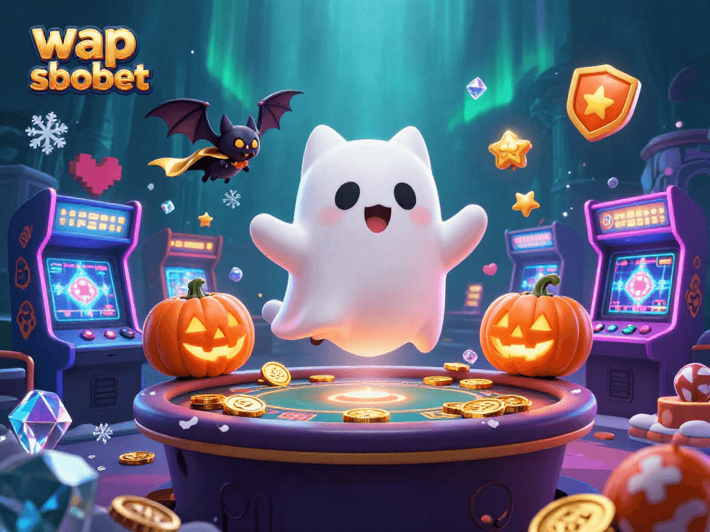 Experience thrilling games with wap sbobet through a friendly ghost cat and a vampire bat in a lively haunted casino.