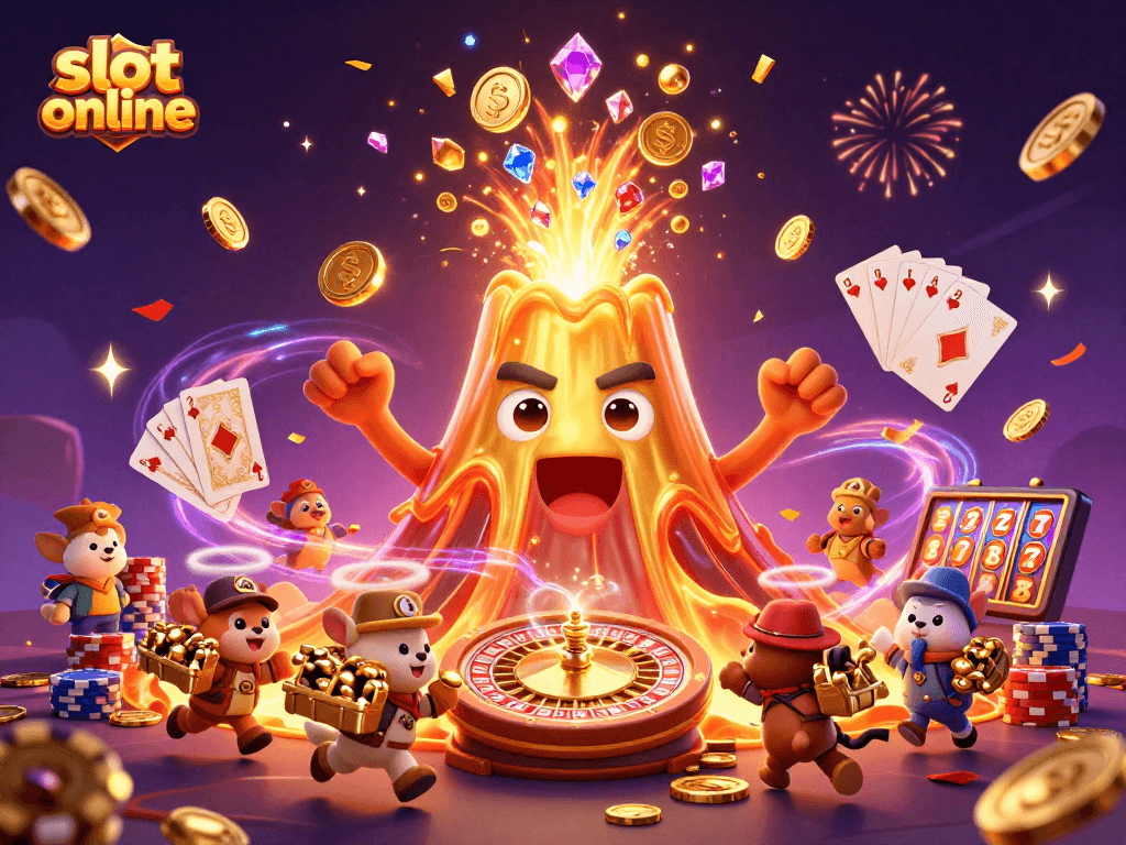 Menangkan hadiah besar di slot online dengan ilustrasi kasino berwarna-warni dan dinamis.
