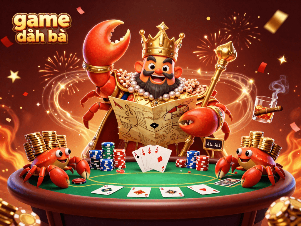 Experience game đánh bài with a golden crab emperor leading a vibrant casino scene of poker excitement.