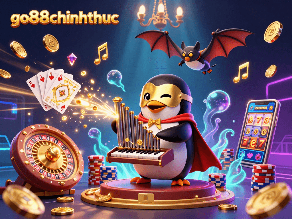 Experience thrilling games at go88chinhthuc with a penguin playing a golden organ surrounded by casino treasures.