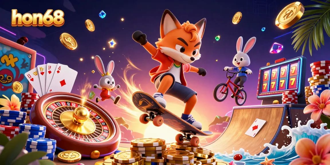 Experience thrilling gaming dynamics at hon68 with a vibrant casino scene featuring a skateboarder fox and BMX rabbit.