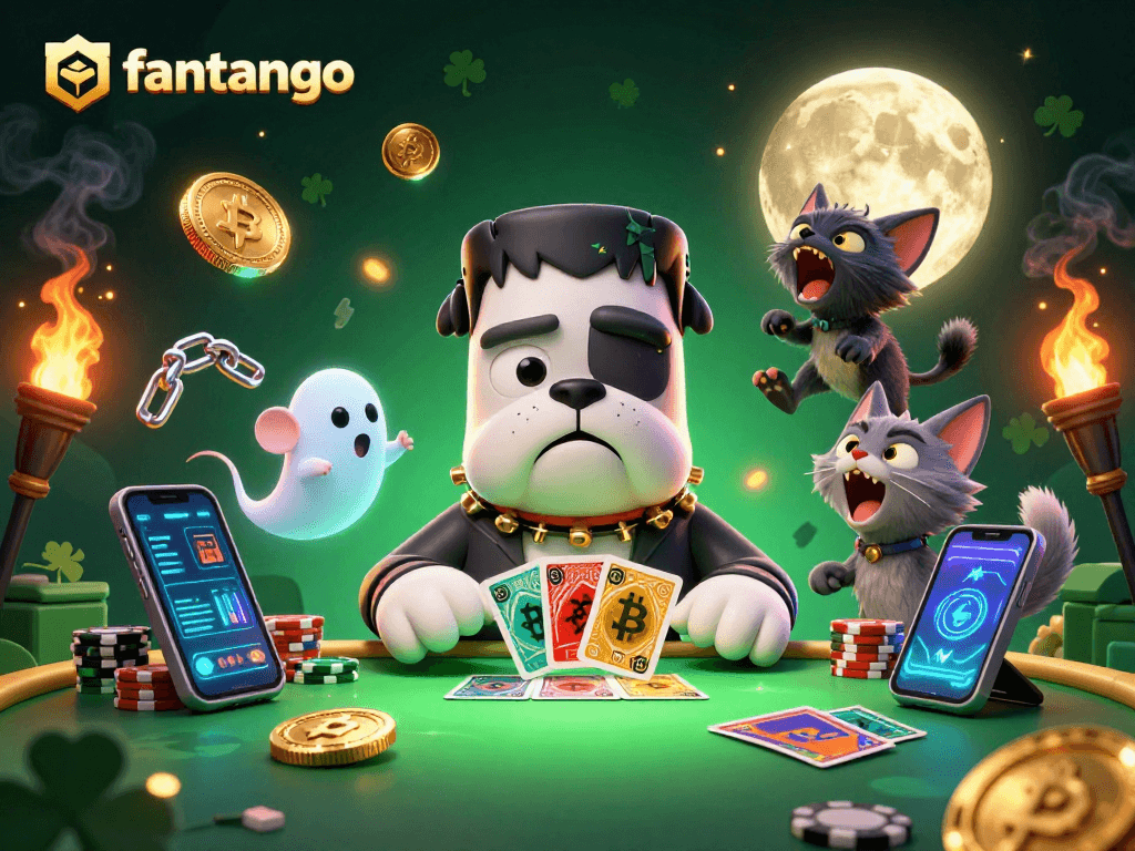 Experience the thrill of fantango with a cartoon Frankenstein bulldog dealer and ghost mouse at a spooky casino.