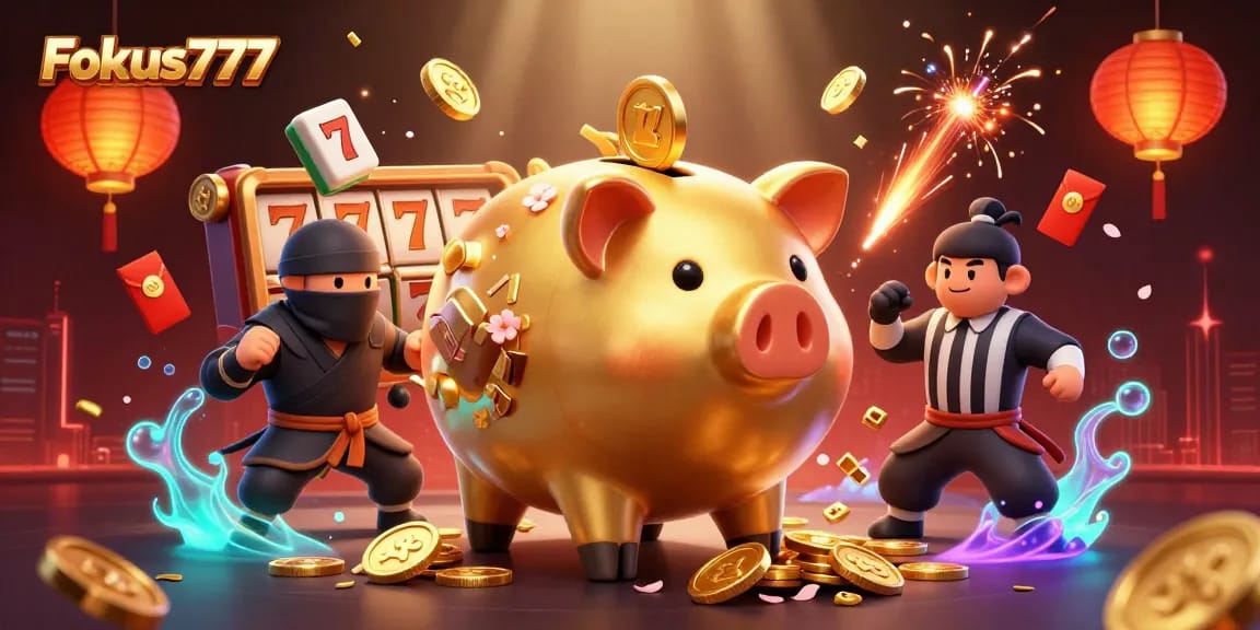 Engage with Fokus777's energetic gaming world, featuring our characters and vibrant casino elements.