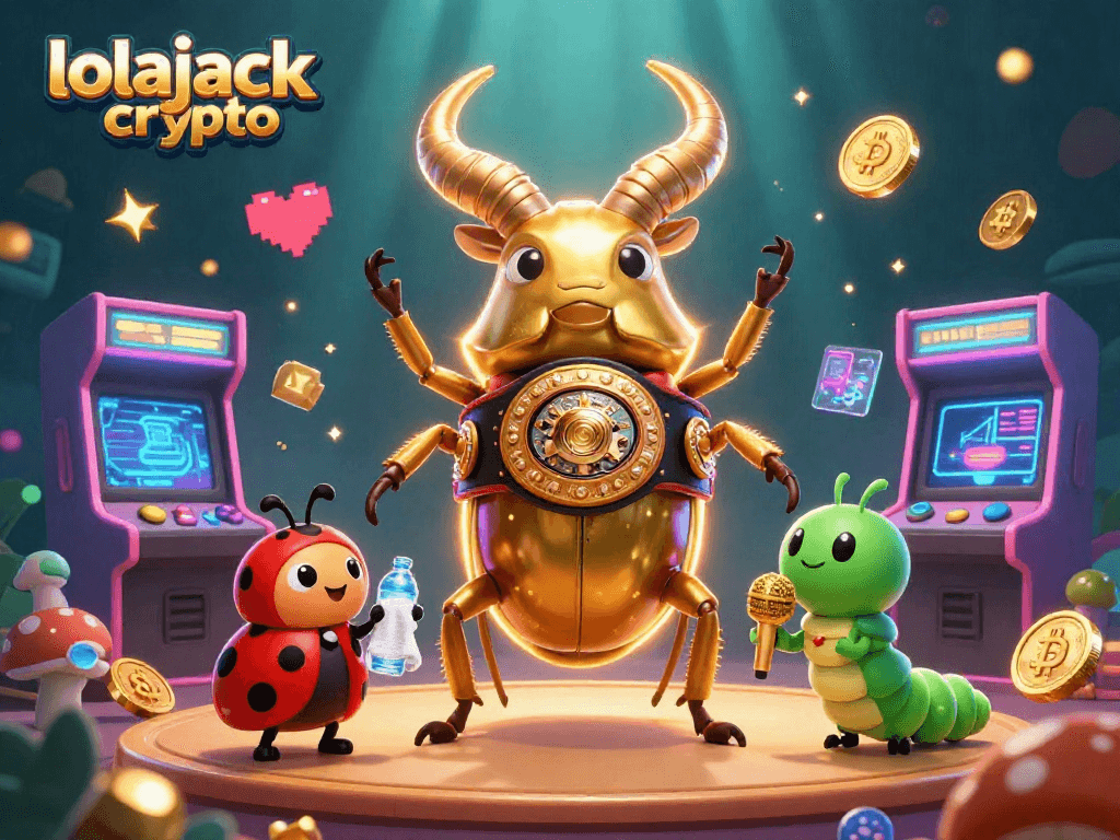 Promote lolajack crypto with a vibrant 3D casino battle scene featuring a boxing beetle.