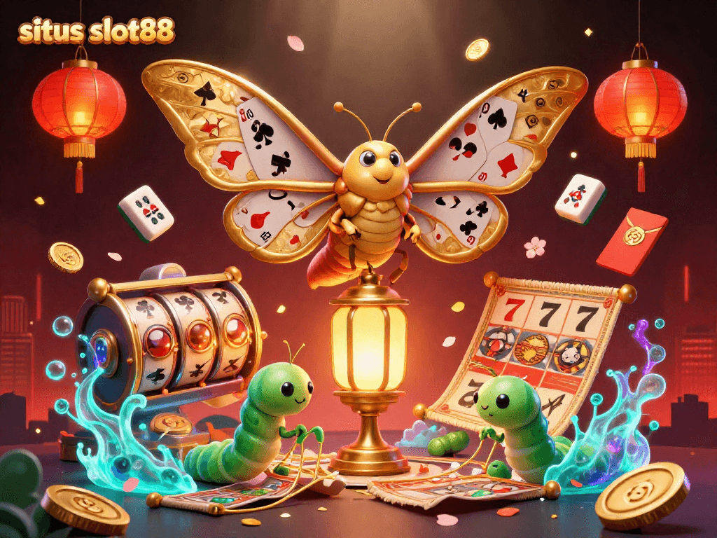 Engage with situs slot88, featuring vibrant casino elements and a majestic golden-winged moth in a rich display.