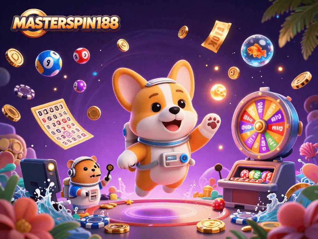 Experience the excitement of MASTERSPIN188 with vibrant casino elements and lively characters in zero gravity.