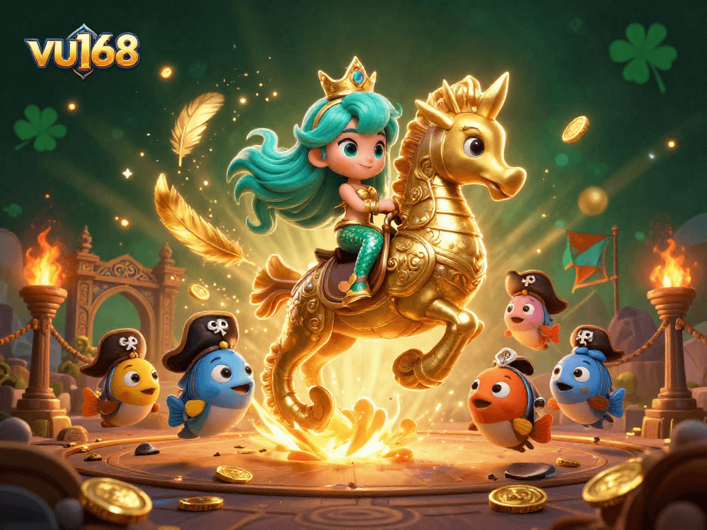 Catch the excitement of winning at vu168 with vibrant mermaid and seahorse characters in a casino-themed adventure.