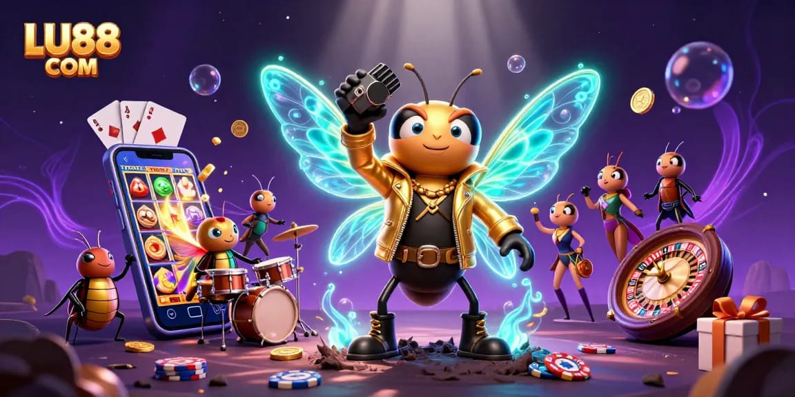 Experience thrilling gameplay with LU88 COM as cartoon characters showcase vibrant casino elements in an electrifying scene.