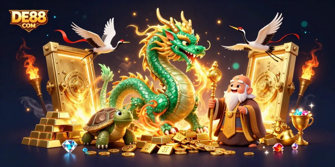 Experience the thrill with DE88 COM as emerald dragon and cartoon sage celebrate golden riches in a vibrant casino