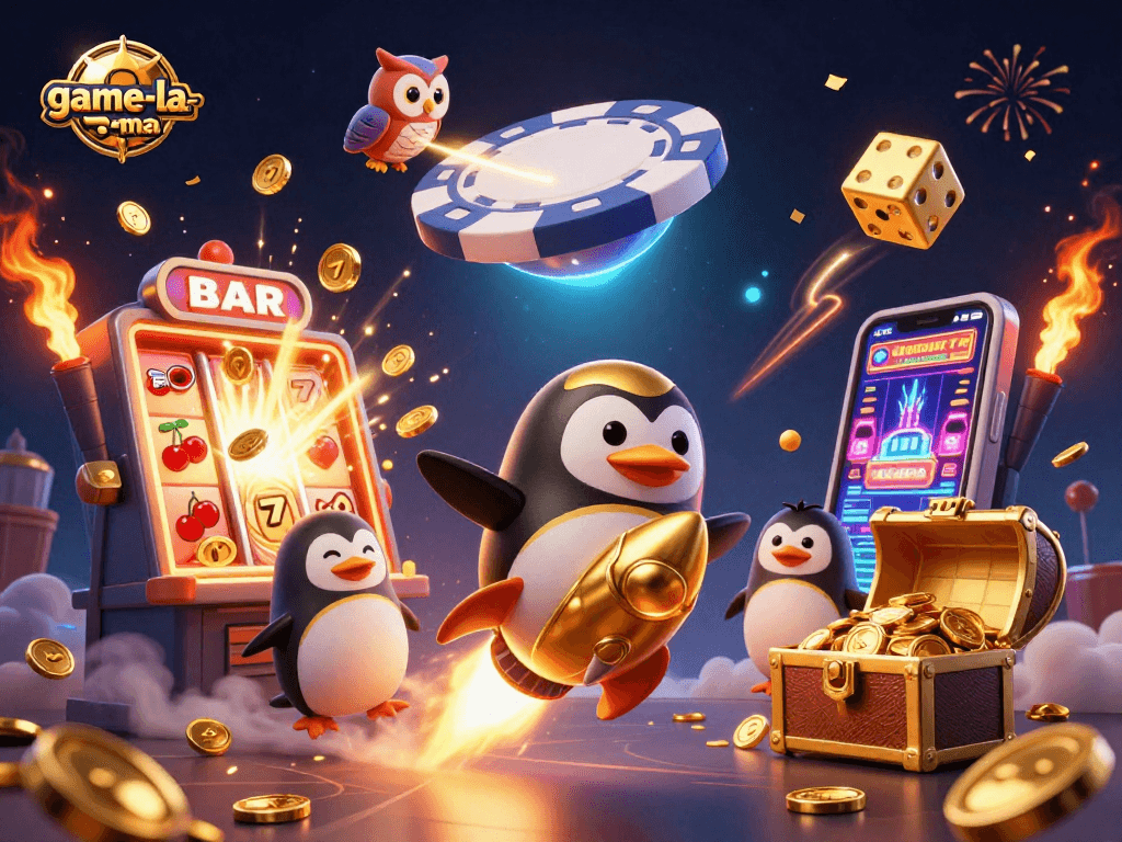 Experience game-la-ma with a golden penguin navigating a cosmic casino adventure bursting with excitement and jackpots.