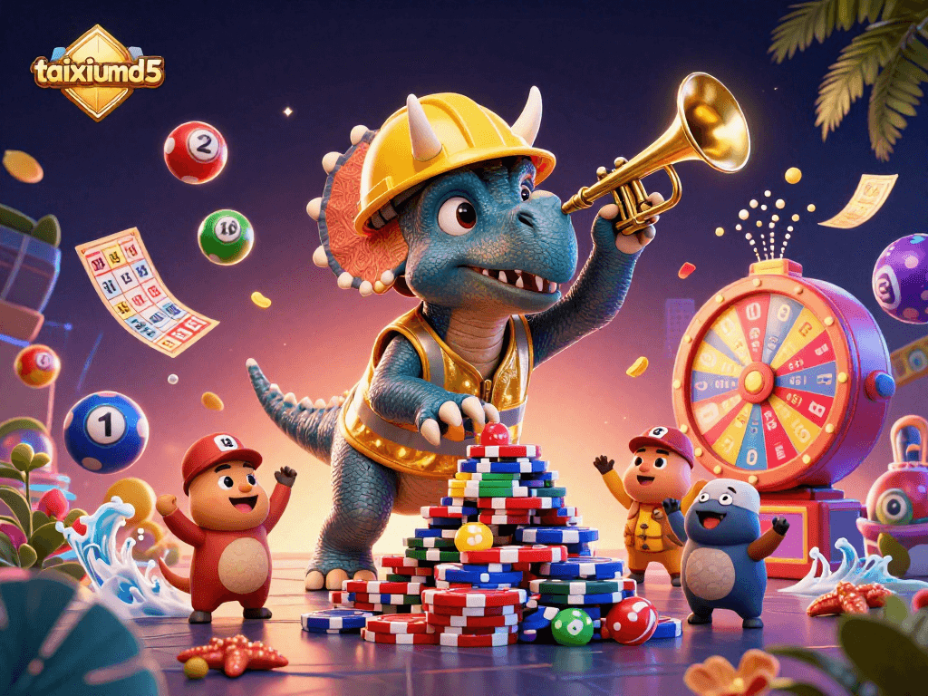 Engage with taixiumd5 while watching a vibrant scene of a triceratops celebrating with poker chips and lottery elements.