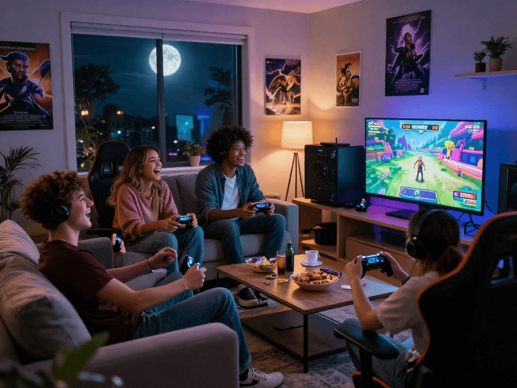 Group of friends enjoying a free sex game in a cozy living room setting while laughing and bonding over gaming.