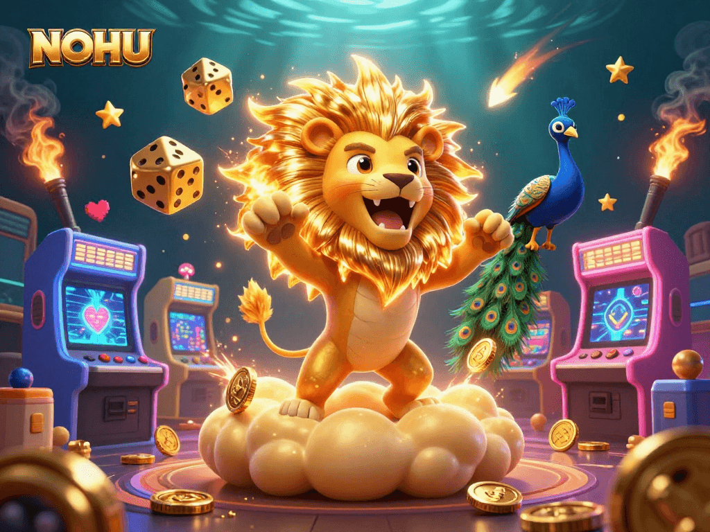 Experience thrilling slots at NOHU with a roaring sun lion and golden dice in a lively casino scene.