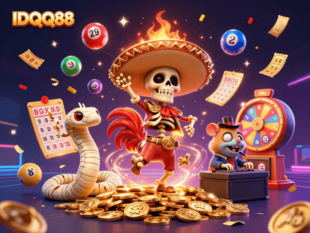 Experience lively fun with IDQQ88 as colorful lottery elements and vibrant characters create an exciting gaming atmosphere.