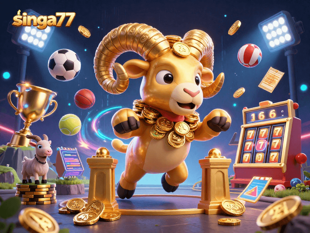 Singa77 showcases an energetic scene with a golden ram charging through a casino, surrounded by sports balls and exciting betting elements.