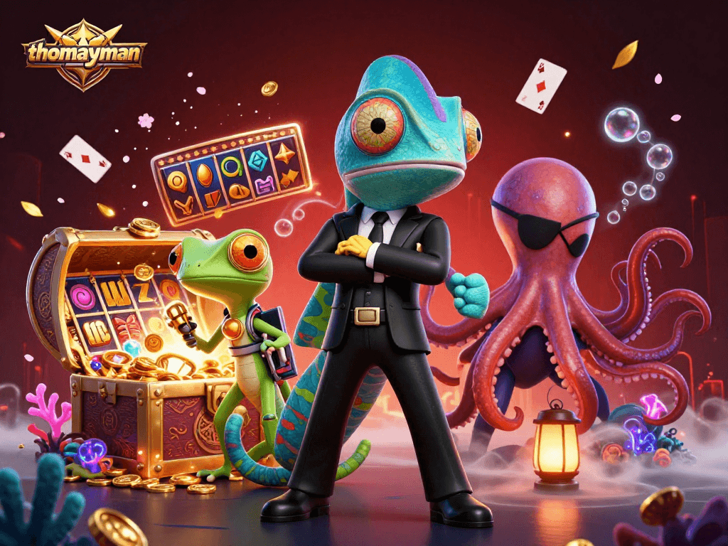 Experience thrilling wins with thomayman in an exciting 3D casino environment featuring vibrant characters and slot elements.