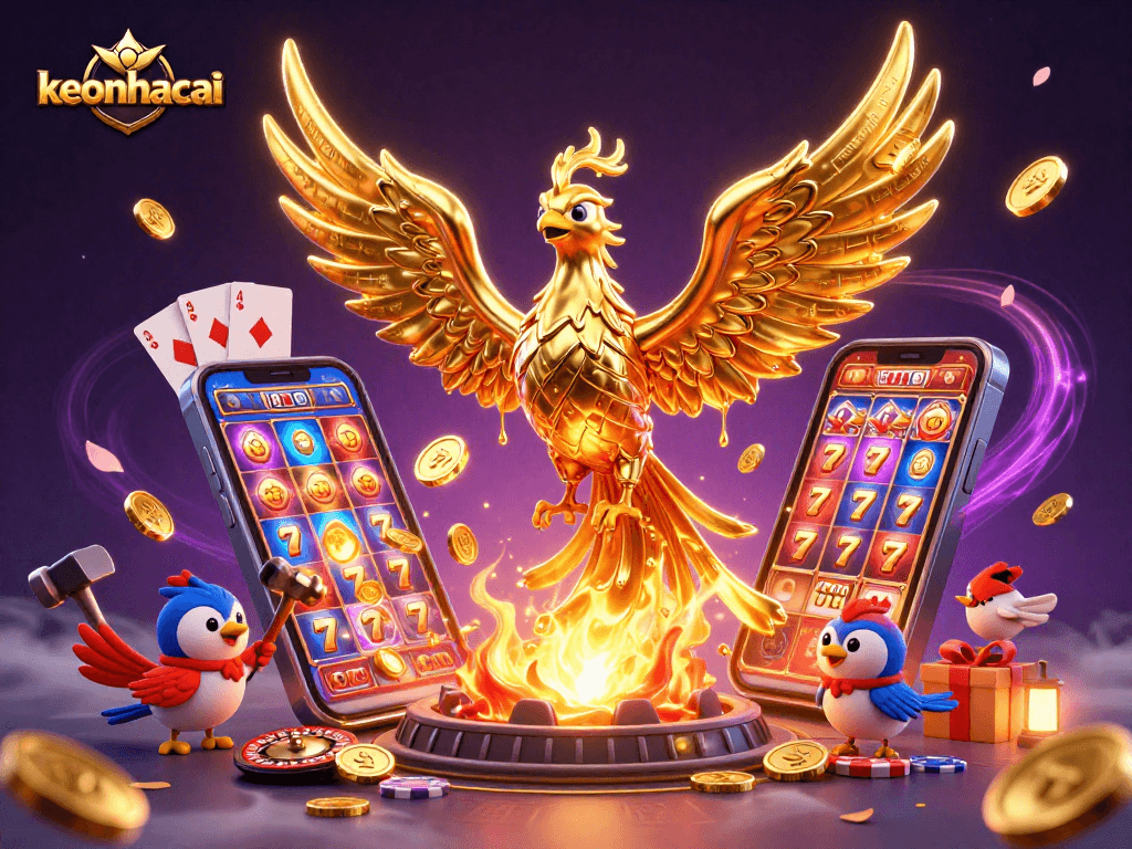 Engage in exciting gameplay with keonhacai featuring a molten golden phoenix, vibrant slot games, and dynamic casino elements.