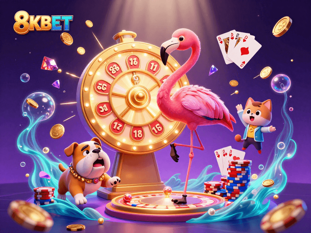 Experience the thrill of 8KBET with a vibrant scene of gambling excitement, showcasing characters and prizes.