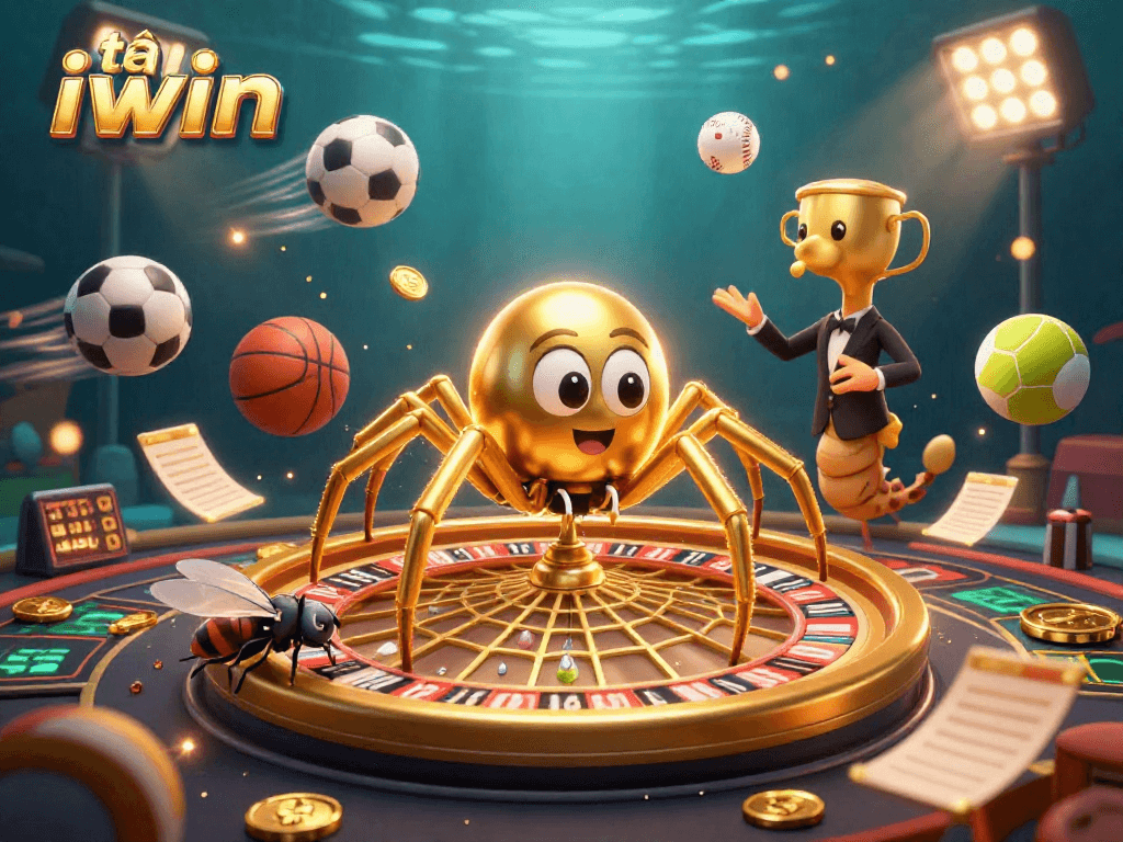 Bet on tải iwin with a thrilling 3D scene featuring a golden spider roulette wheel and vibrant sports elements.