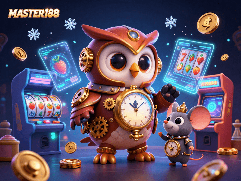 Engage with the excitement of MASTER188's vibrant casino theme featuring characters in a dynamic 3D illustration.