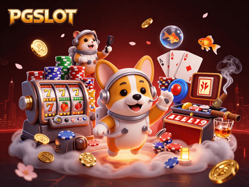 Experience PGSLOT action with a lively 3D scene featuring a floating corgi and vibrant slot reels.