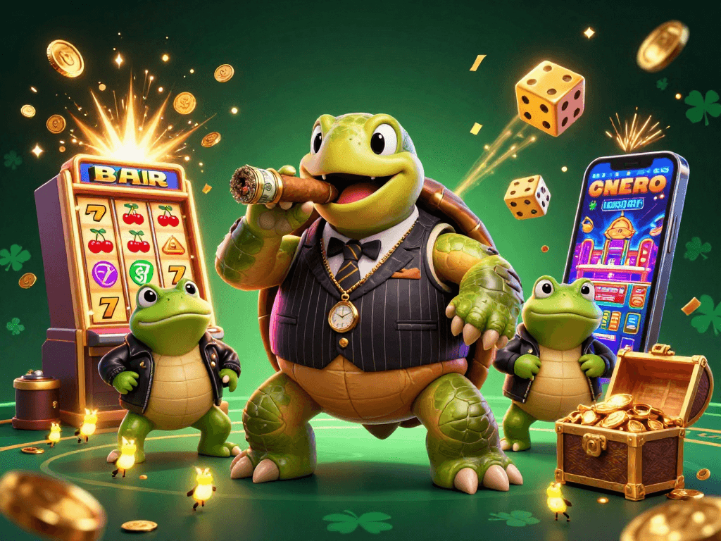Engage in thrilling U888 gaming with a mobster turtle and luck-filled visuals at the casino.