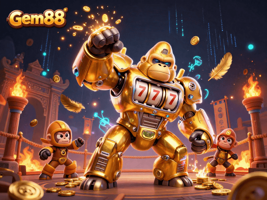 Experience winning excitement with gem88's golden gorilla mech in a vibrant casino scene!