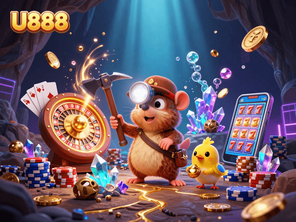 Experience thrilling wins with U888's vibrant 3D casino adventure illustration featuring a treasure-hunting mole.