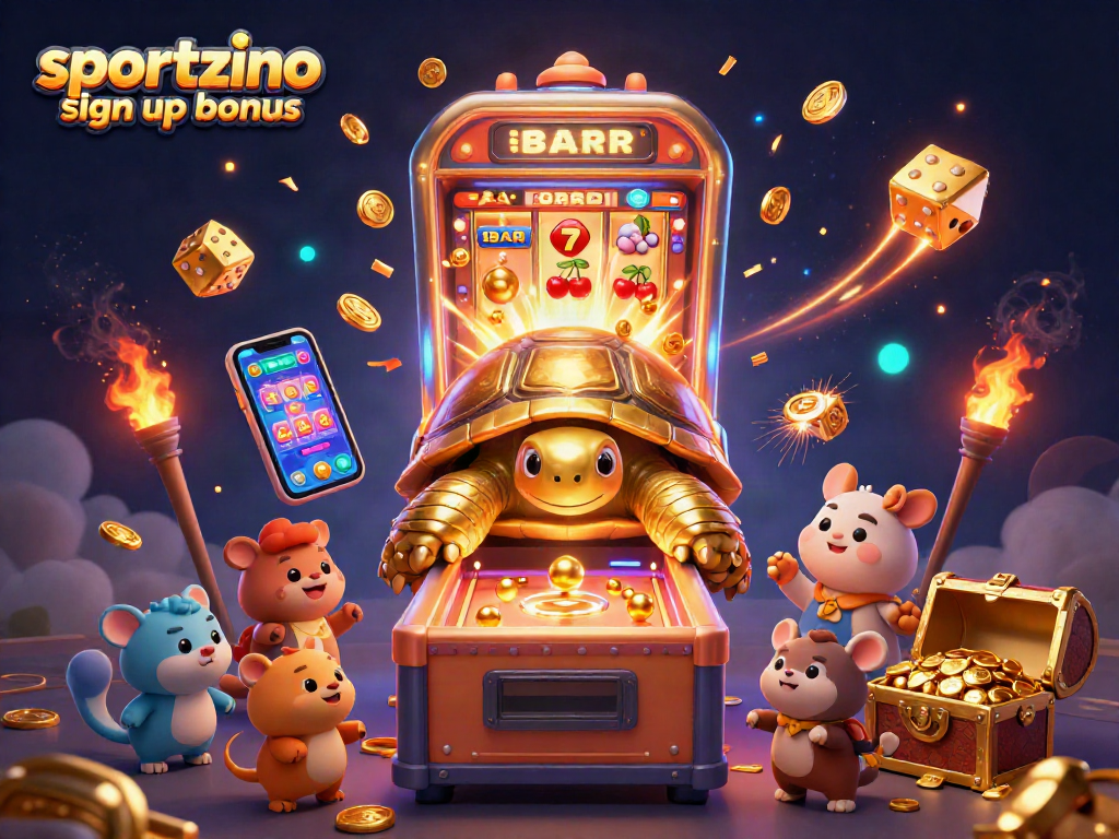 Spin the wheels with Sportzino sign up bonus, featuring a 3D tortoise pinball machine and jackpot explosion