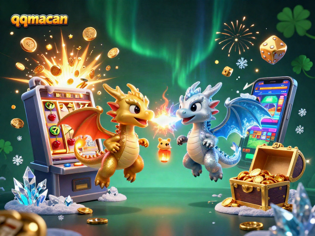 Play and win with qqmacan's jackpot, featuring dragons, coins, and lively casino elements.