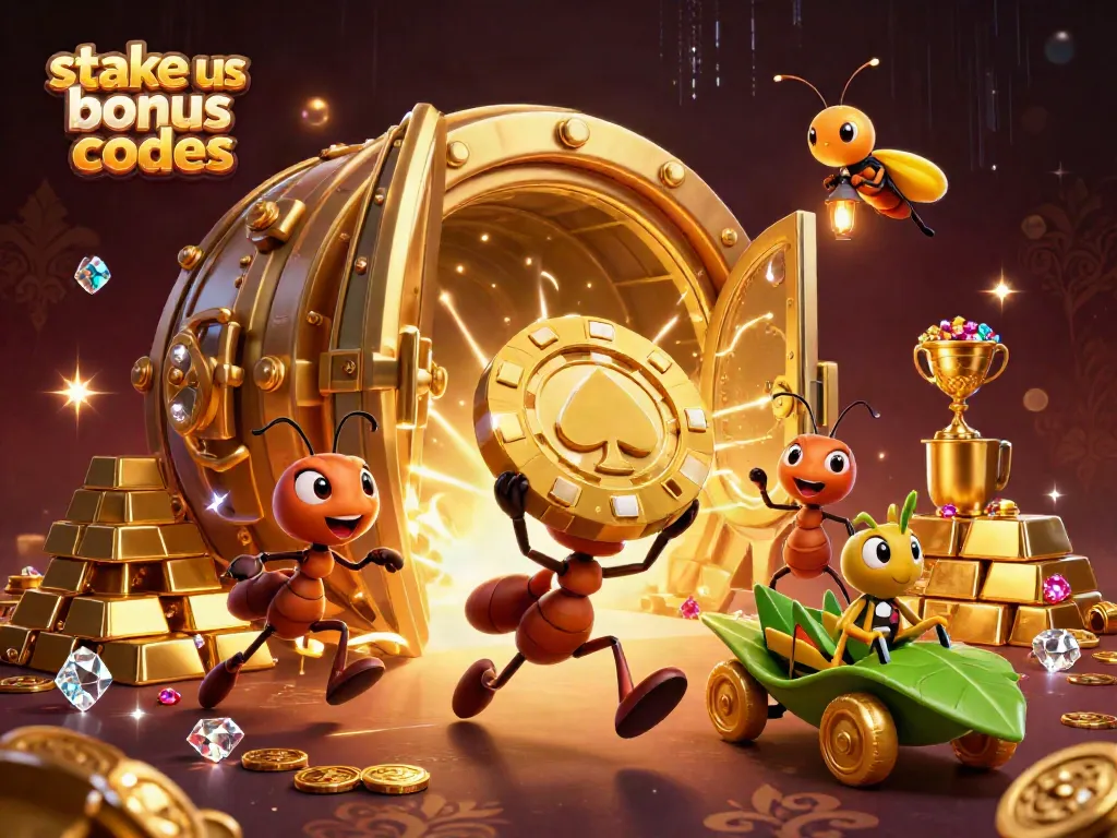 Engage with stake us bonus codes in an exhilarating casino heist scene featuring ants and dynamic gold elements.