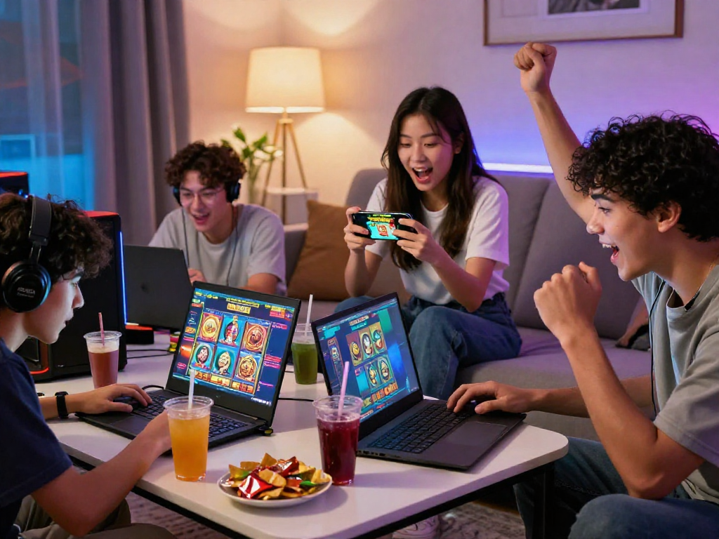 nx303 players enjoying an exciting online slot gaming session in a lively, dynamic environment, showcasing multiple devices.