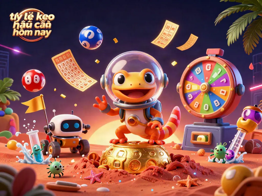 Tỷ lệ kèo nhà cái hôm nay illustration featuring a Martian gecko discovering a golden casino among vibrant lottery elements