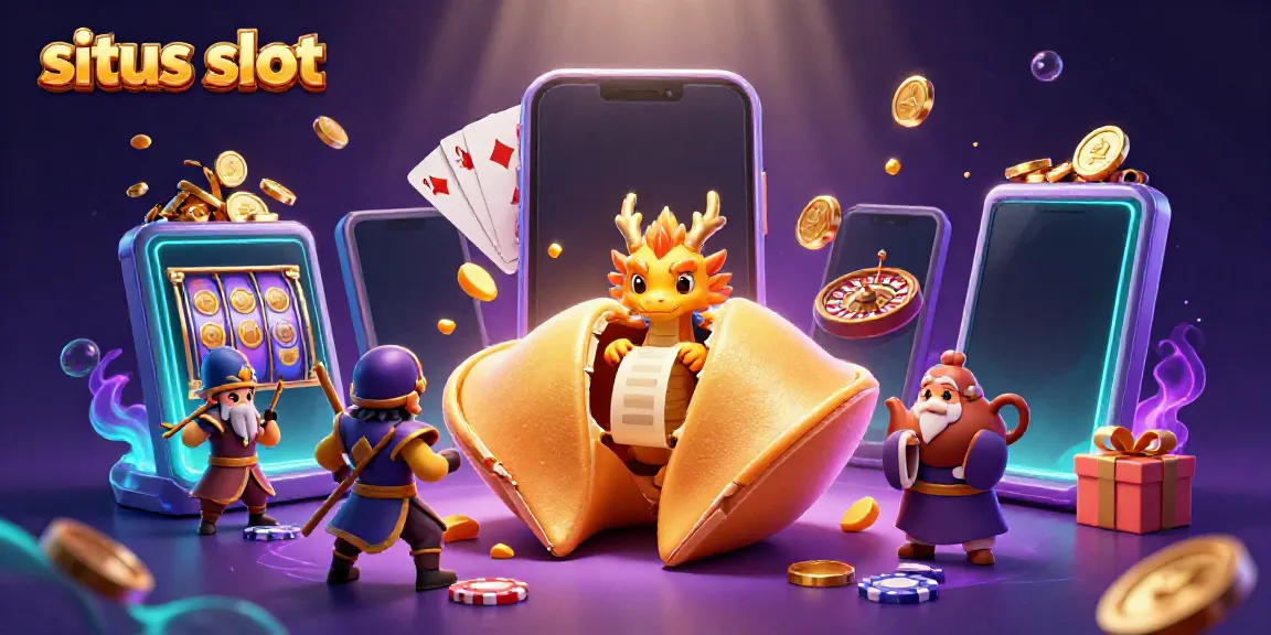 Engage in situs slot excitement with a vibrant 3D scene of a fortune cookie and gaming elements.