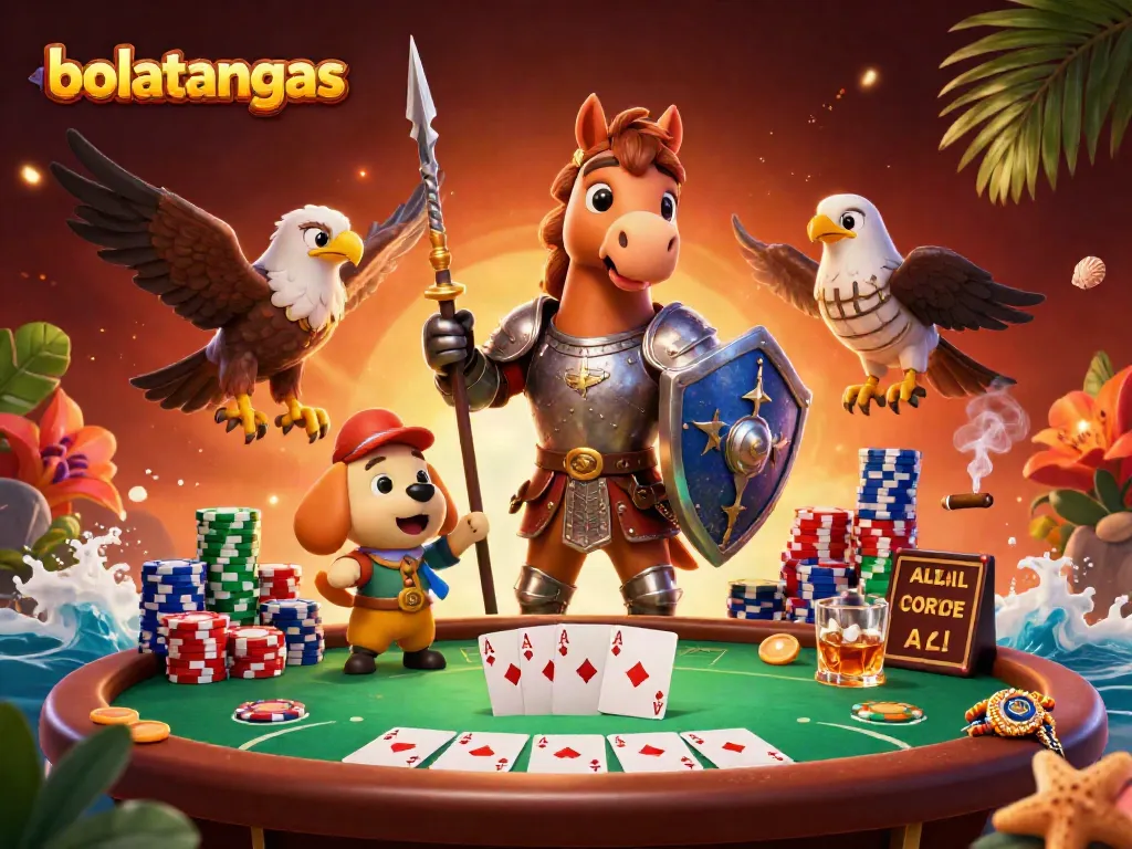Experience thrilling bolatangkas action with a knight, puppy, and falcon in a vibrant casino scene