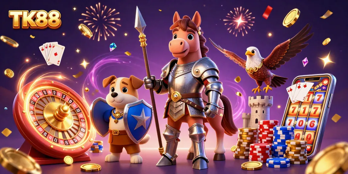 Join the gambling adventure with TK88 featuring an armored knight and playful puppy amidst casino excitement.