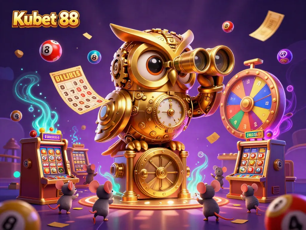Kubet 88 showcases vibrant casino-themed illustration with an owl and gambling elements.