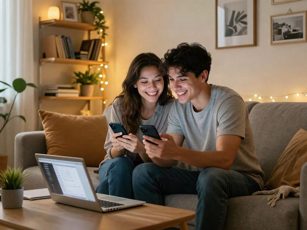 Couple enjoying a sex ai chat on smartphones in a cozy living room with warm lighting.
