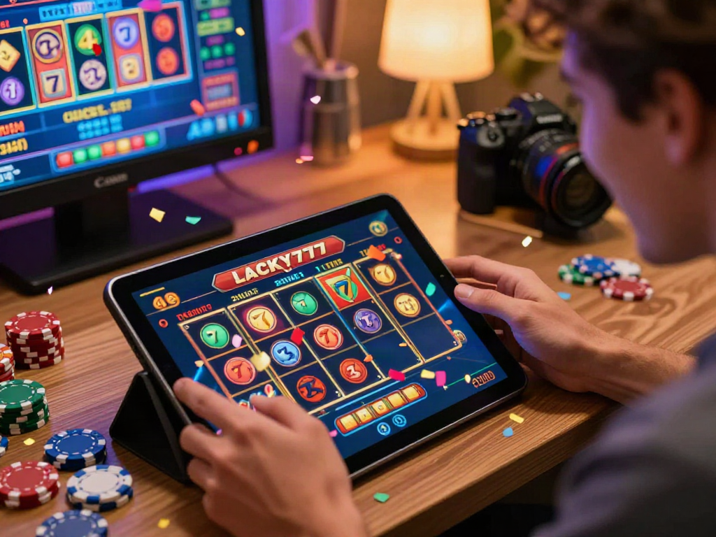 Exciting Lucky777 gaming moment with player celebrating a jackpot win on tablet.