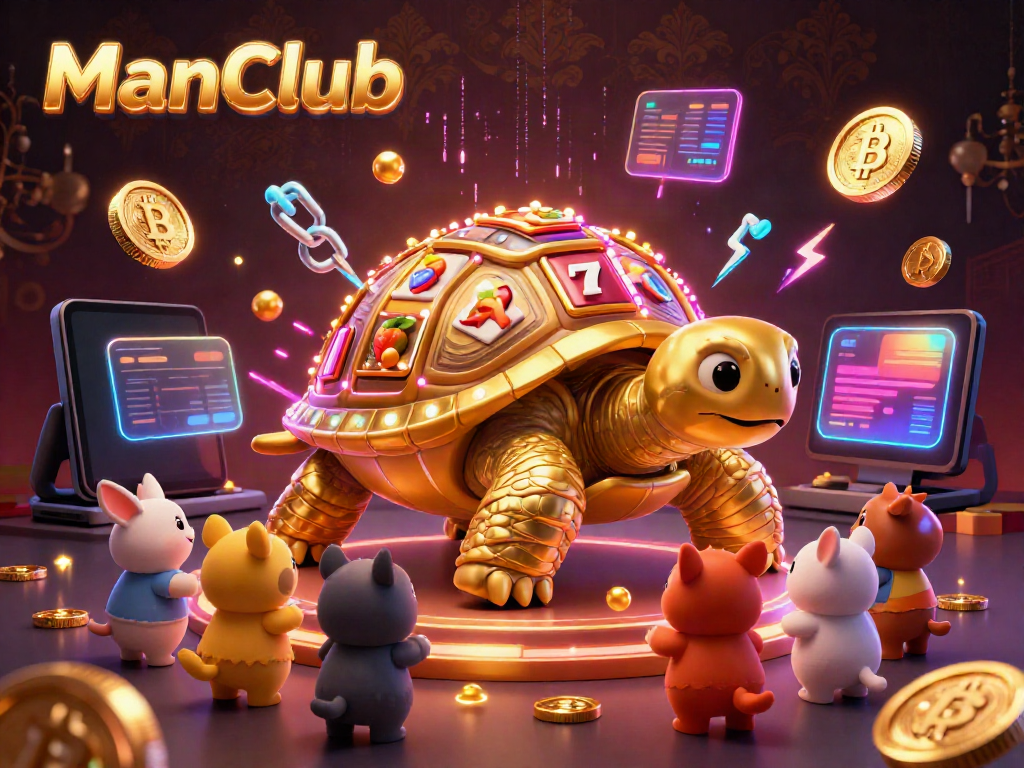 Experience thrilling slots at ManClub, where a giant tortoise simulates casino fun with crypto-themed elements.