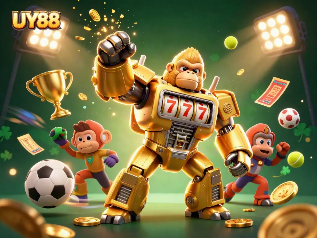 Experience thrilling action with UY88 in this dynamic 3D casino illustration featuring a roaring golden gorilla mech.