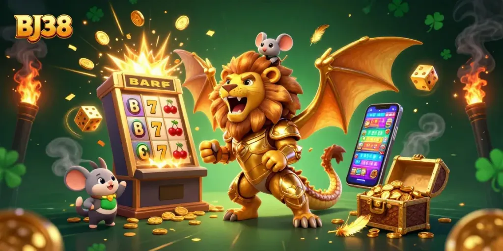 Experience thrilling wins at BJ38 with a vibrant slot machine, golden rewards, and dynamic gameplay elements.