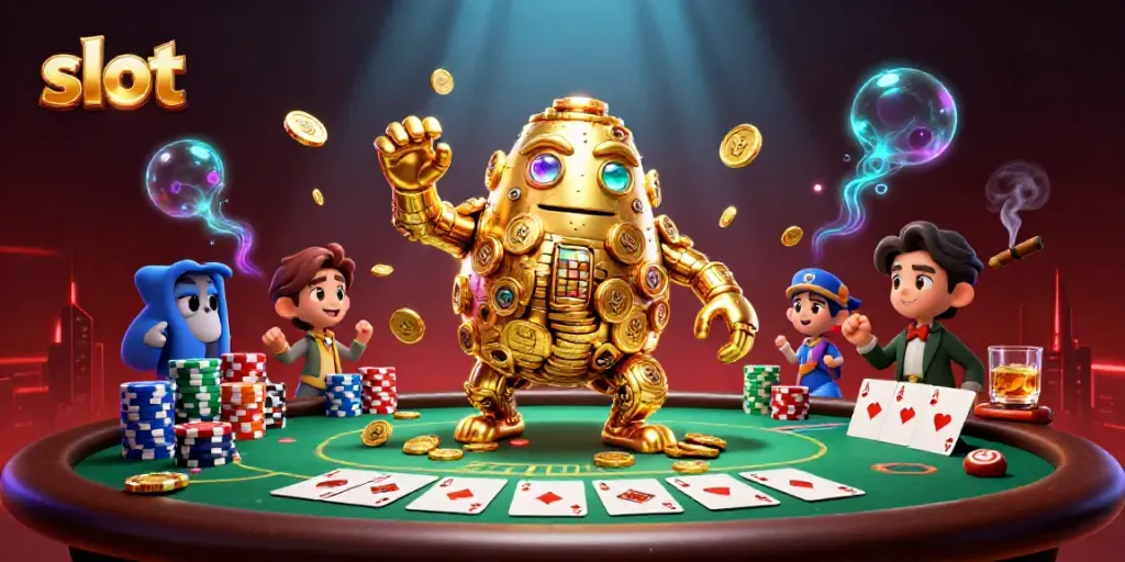 Menangkan jackpot slot berkat karakter golem emas yang berkilau dan meja poker saat bermain!