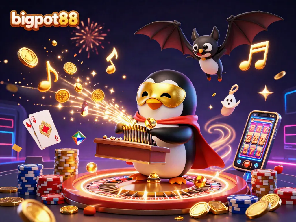 bigpot88 merayakan kemenangan dengan karakter kartun kasino dan hiasan megah.